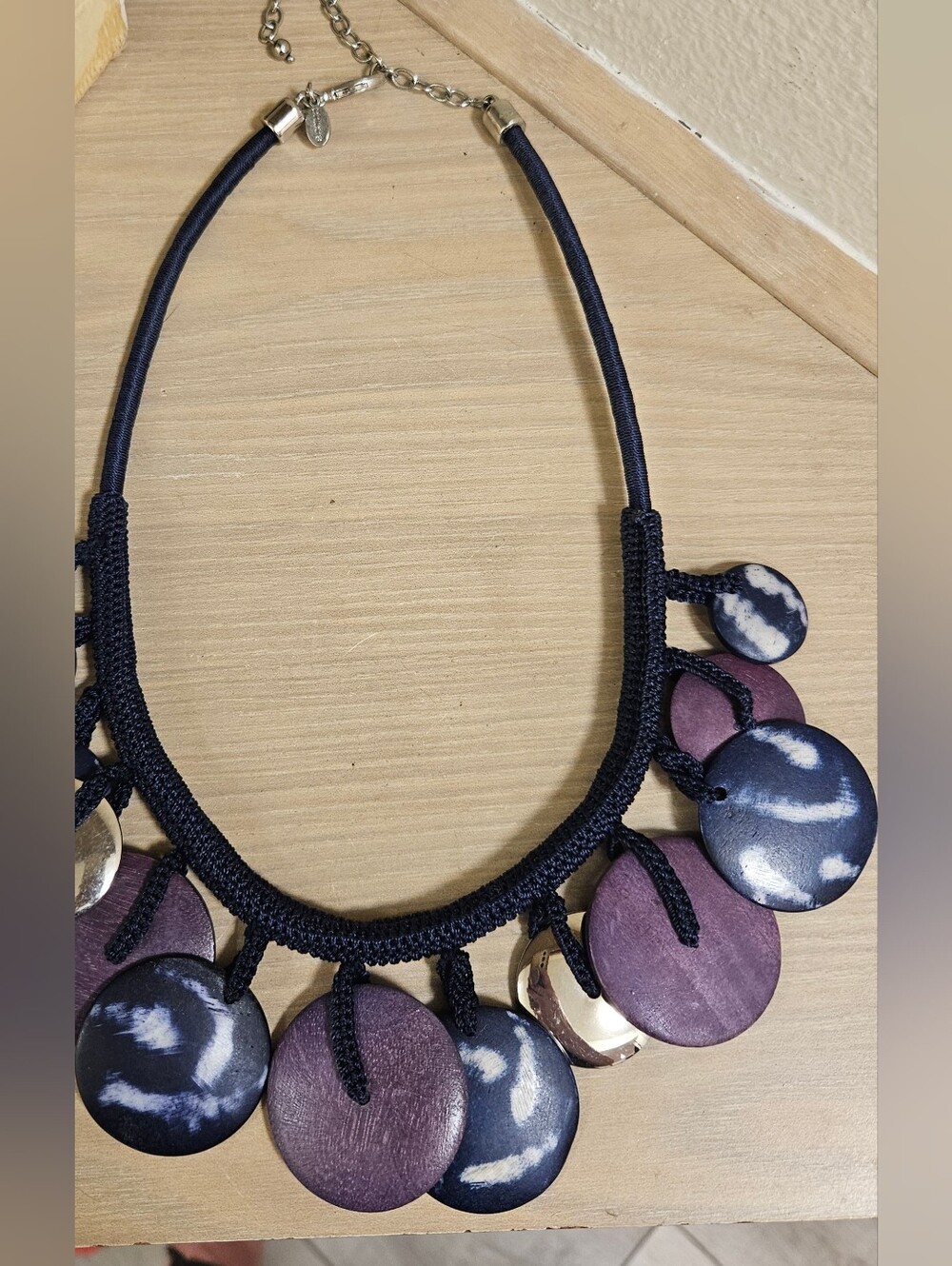 Chico’s Wood Navy Blue And Purple Silver-tone Disc Statement Necklace